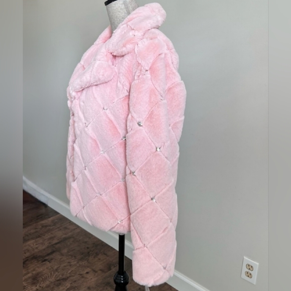 NYCO Pink Faux Fur Coat Quilted Embellished Jacket Barbie Bling Medium - Picture 13 of 14